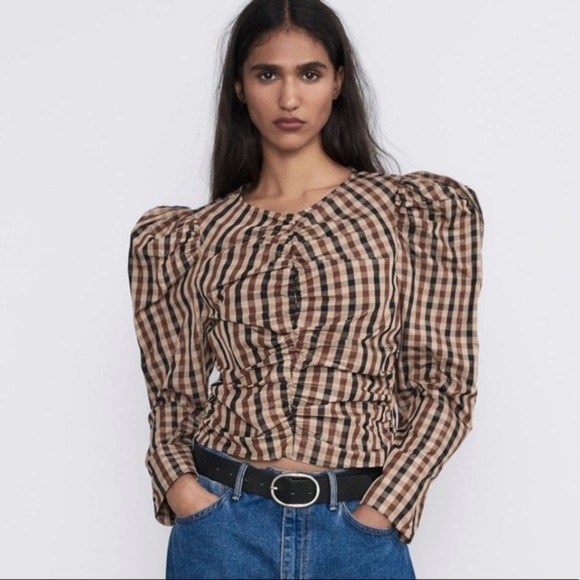 ZARA Plaid Ruched Cropped Top Blouse Puff Sleeves Brown Blogger Favorite X-Small - Picture 1 of 15